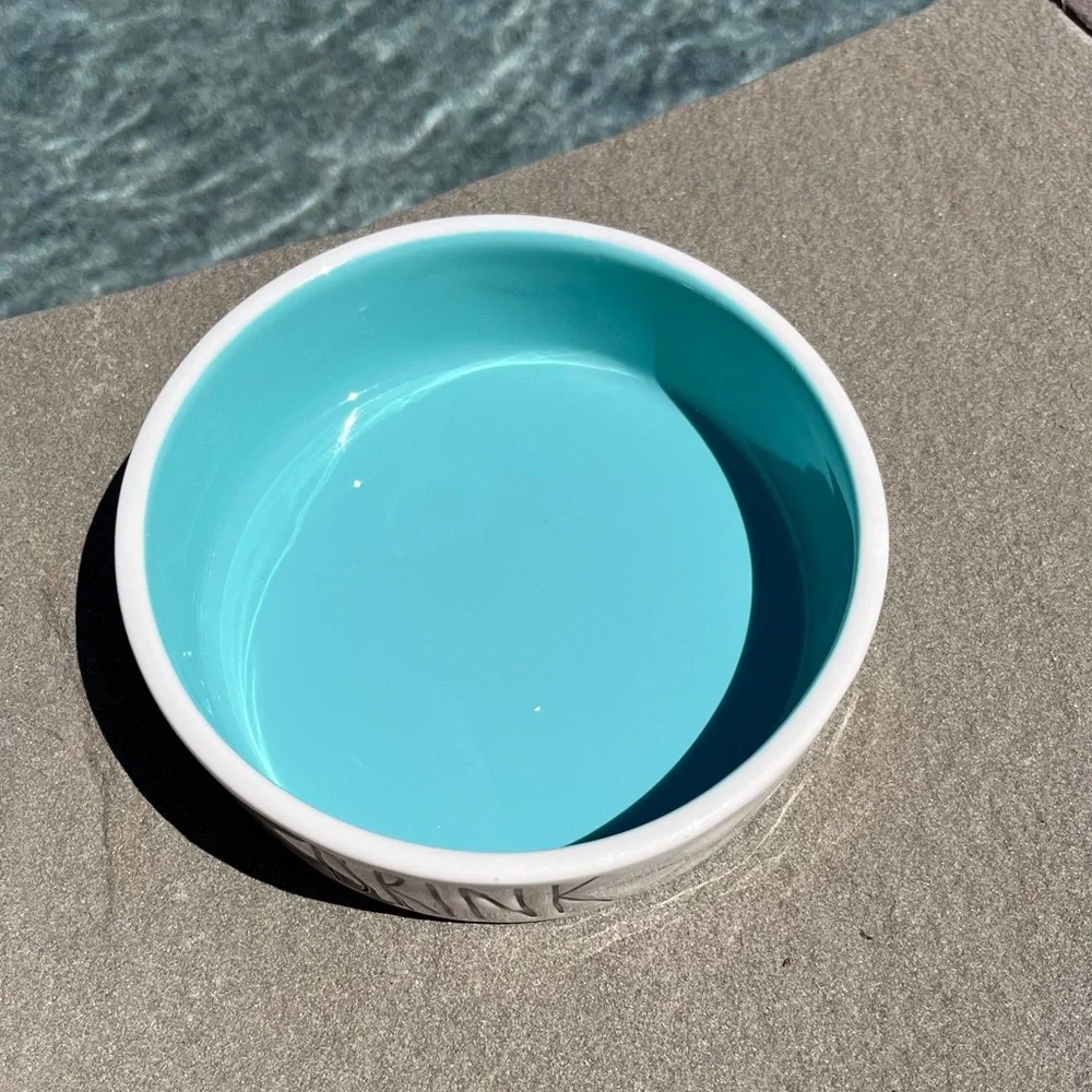 Rae Dunn Pet Bowl White & Turquoise DRINK Artisan Collection By Magenta Dimples